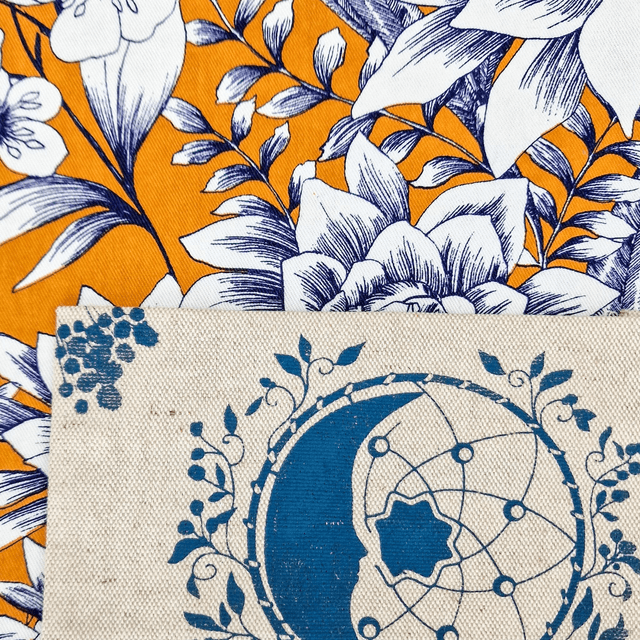 kit tout-en-un débutant tote bag motif floral bleu marine et ocre